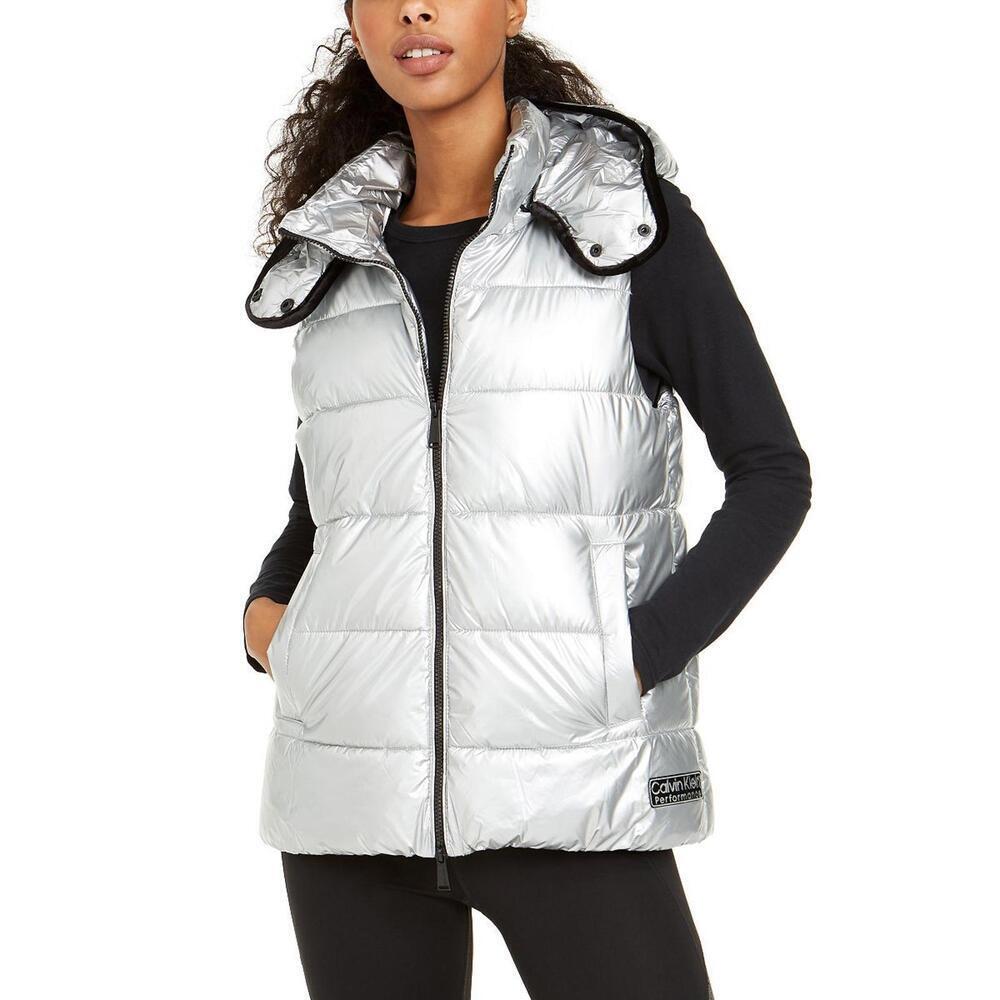 Calvin Klein Womens Chevron-Quilted Hooded Vest Size S